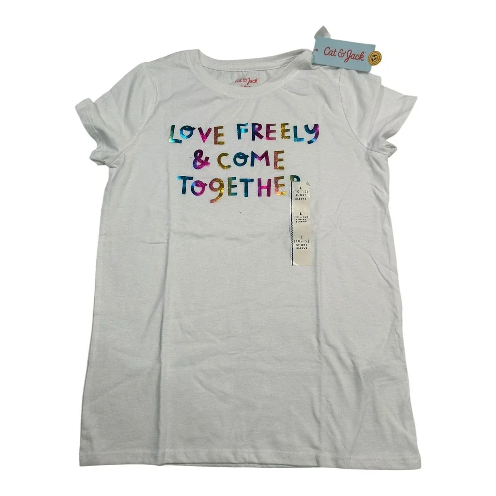 Cat & Jack Girls White 'Love Freely' Graphic T-Shirt Size L (10-12) Short Sleeve - Picture 1 of 12
